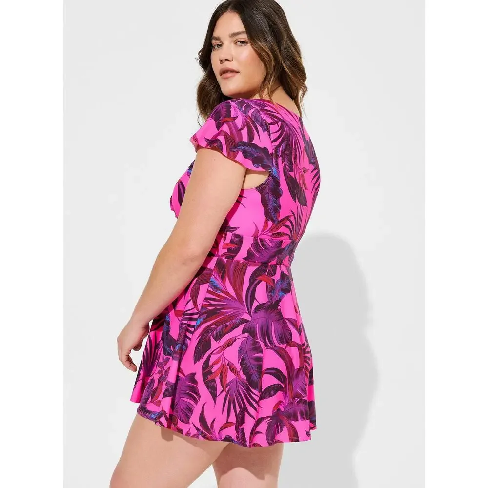 Torrid 4 (4X 26) Hot Pink Wireless Flutter Sleeve Skater Swim Dress w/Briefs - Picture 6 of 6